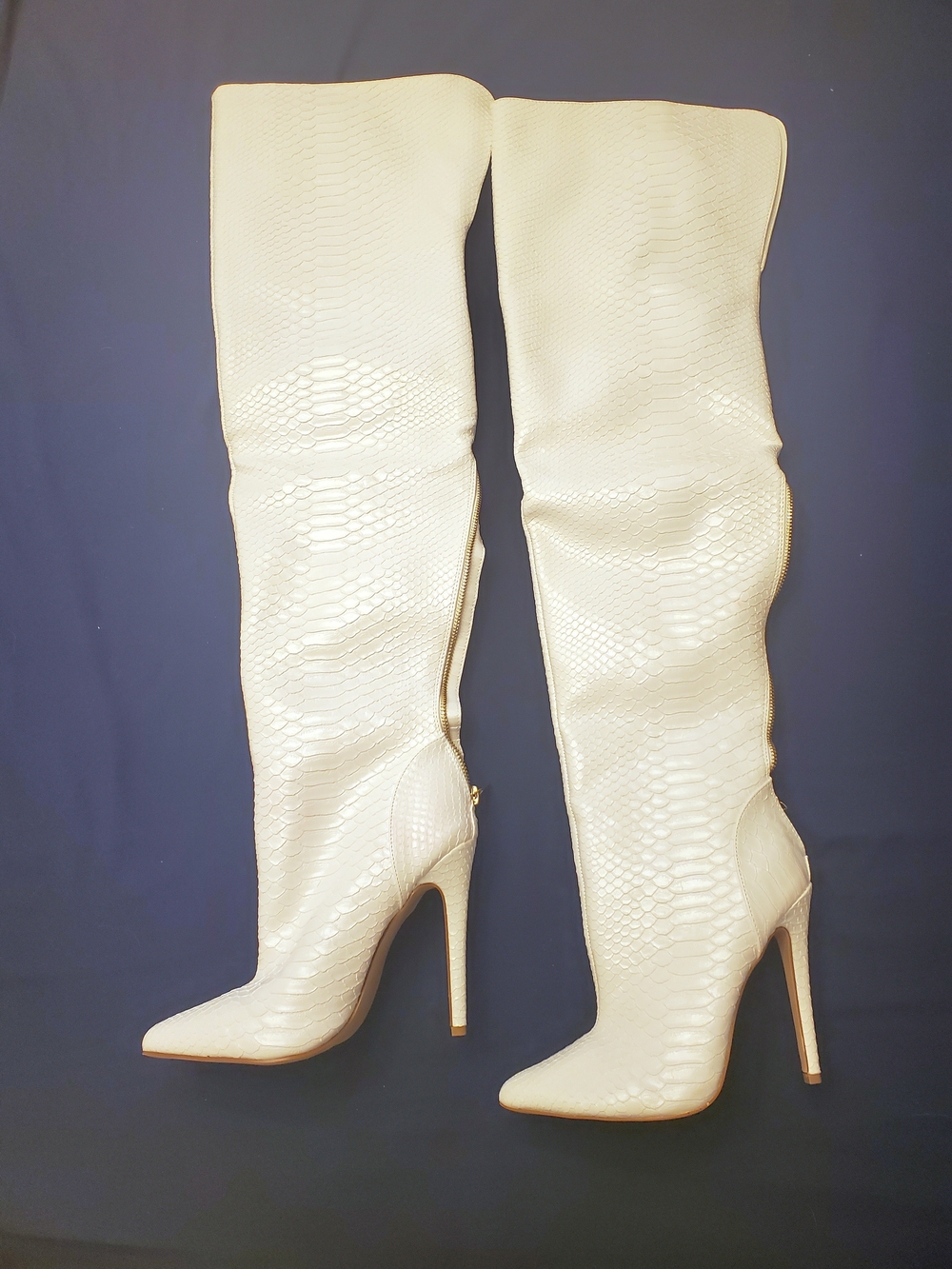Women's White Faux Snake Over-the-Knee Thigh High Stiletto Boots with Gold Zip